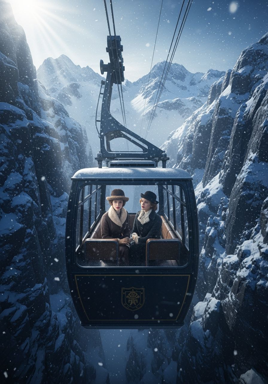 Vintage Cable Car Stranded in Snowy Alps