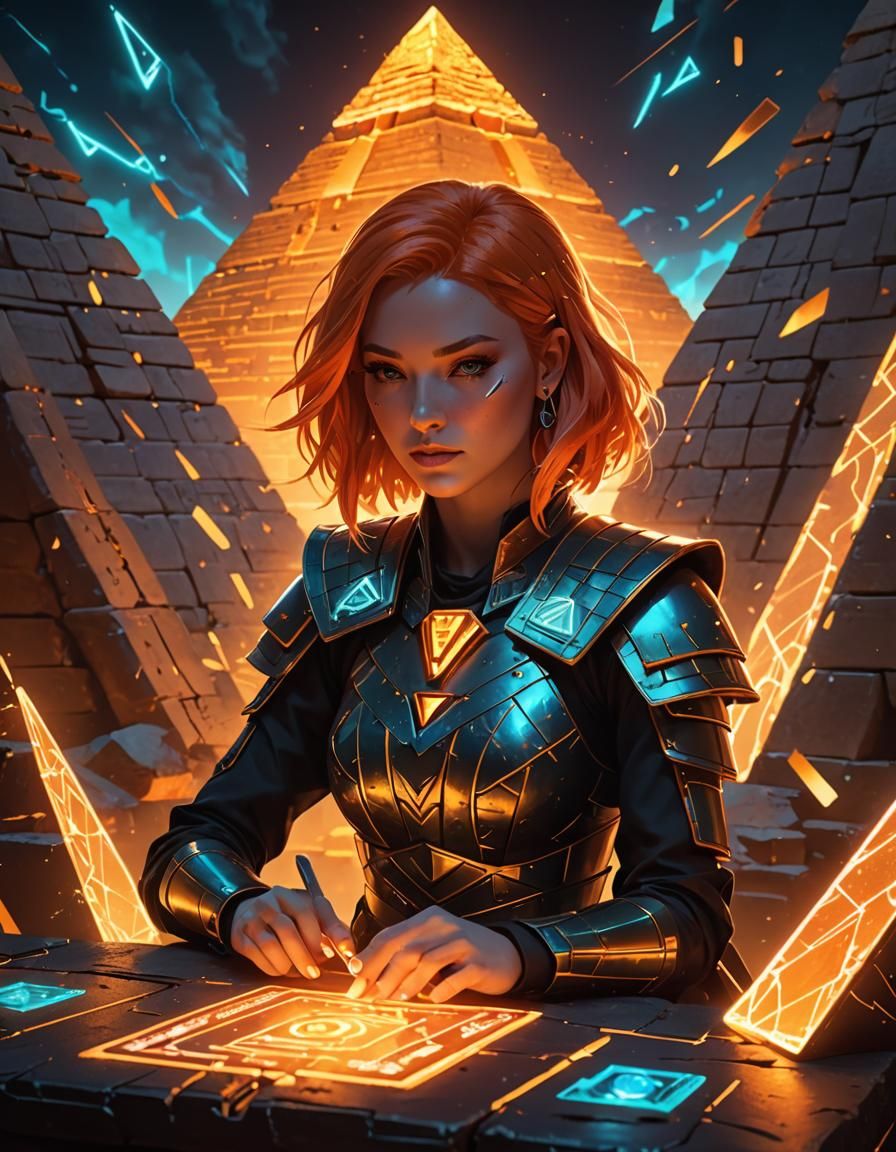 Anime Woman with Holographic Cards and Pyramid