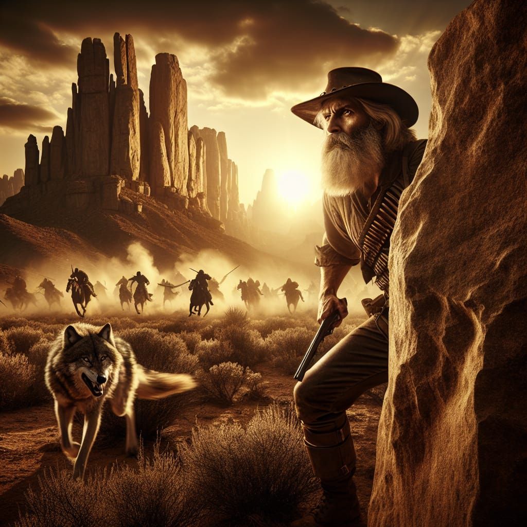 Ranger Ambush in Rocky Desert at Sunset