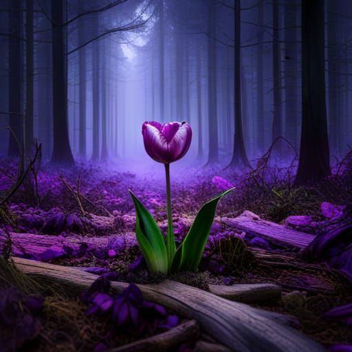 Violet Tulip Growing in Forest Ashes: Fantasy Art