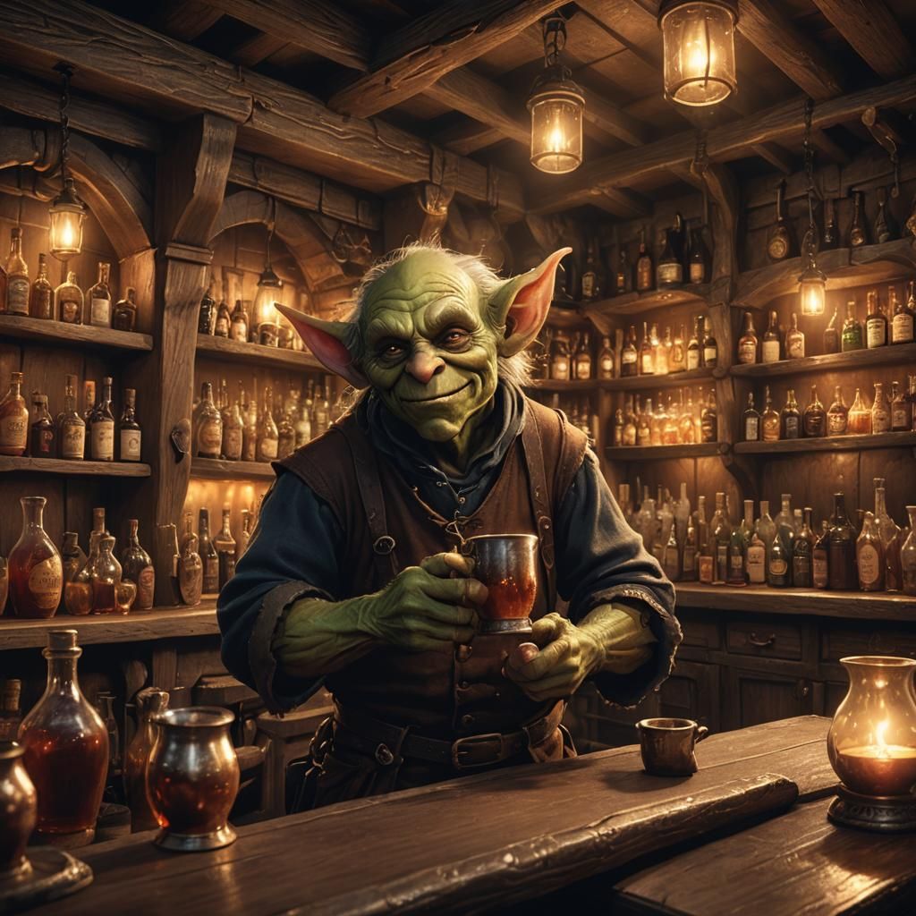 Goblin Bartender in Dimly Lit Tavern