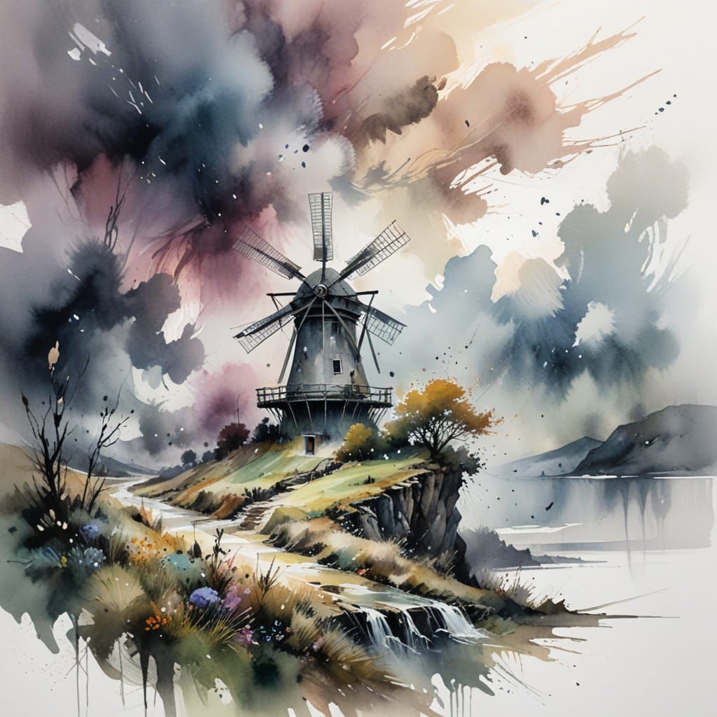 Surreal Highland Plateau in Whimsical Watercolor Style