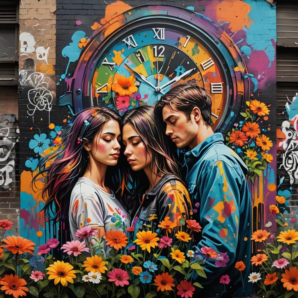 Surreal Street Art Mural of Embracing Couple