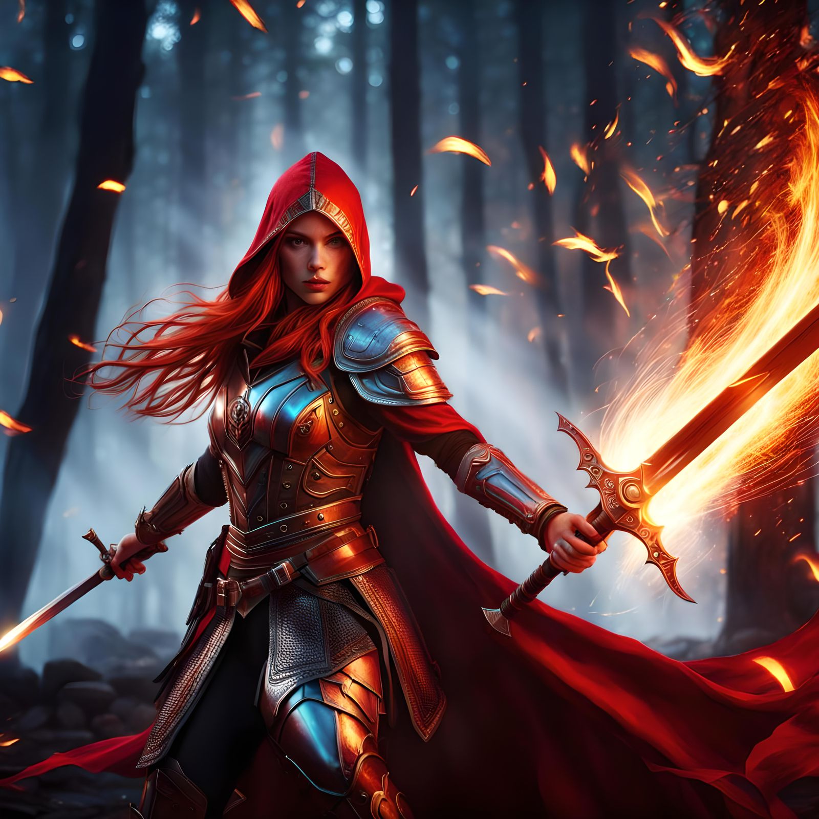 Fiery Girl Knight with Swords in Hyperrealism