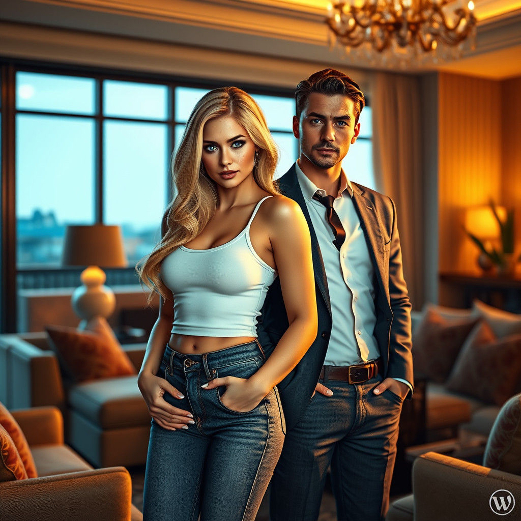 Blonde Woman and Man in Hyperrealistic Interior