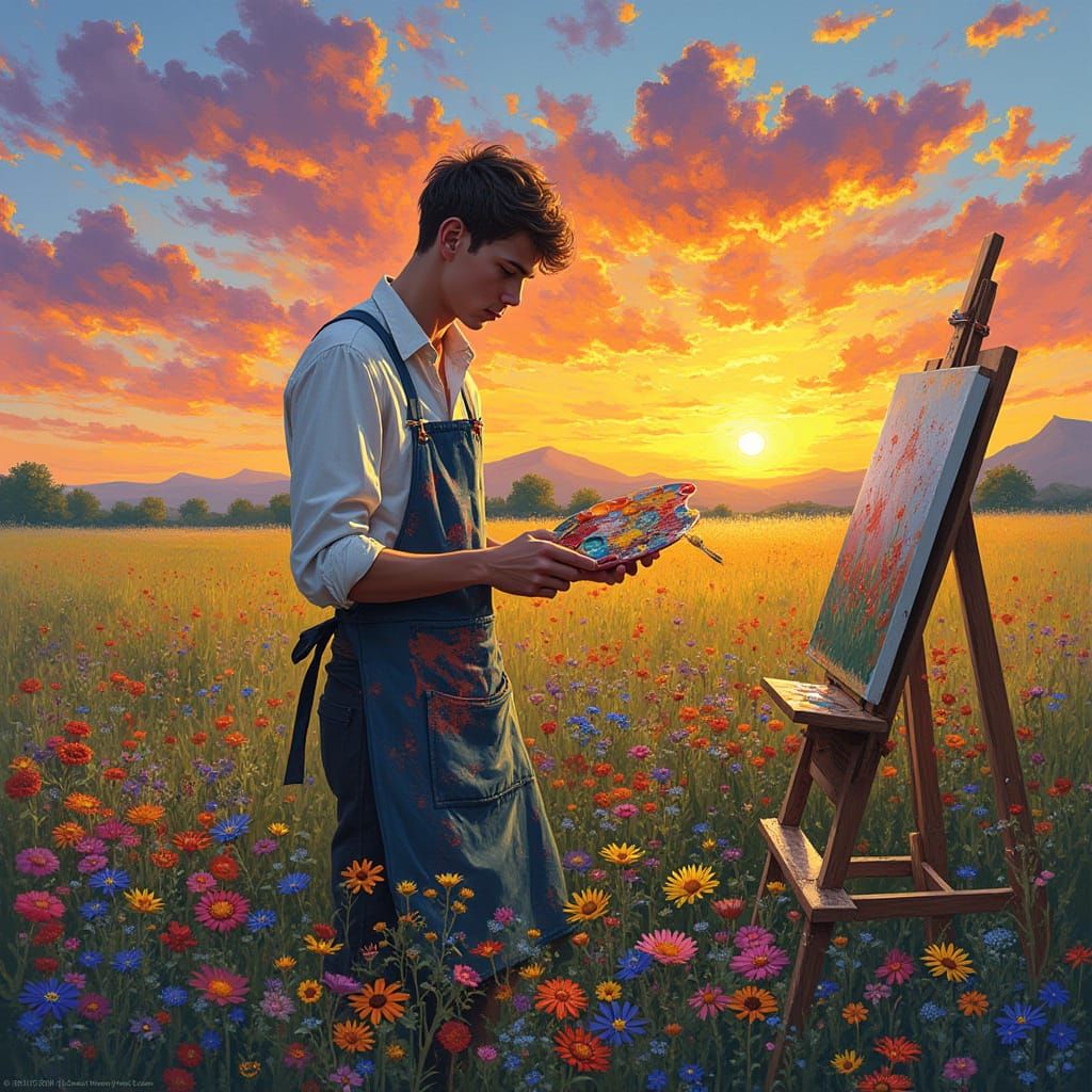 Young Artist Spills Paint Amidst Vibrant Wildflowers in a Wh...