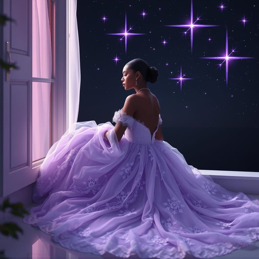 Woman in Lavender Gown at Window, Hyperrealistic Style