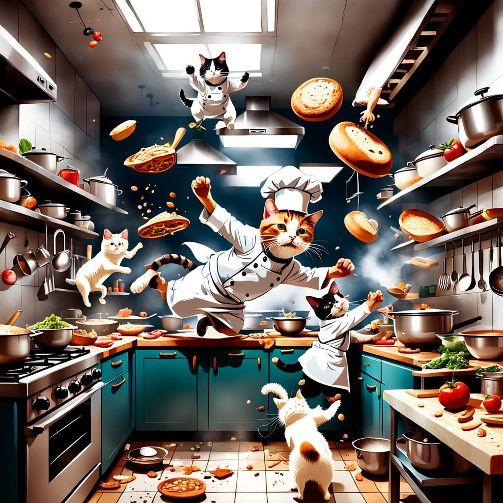 Chaotic Kitchen Scene with Clumsy Chefs and Mischievous Cat