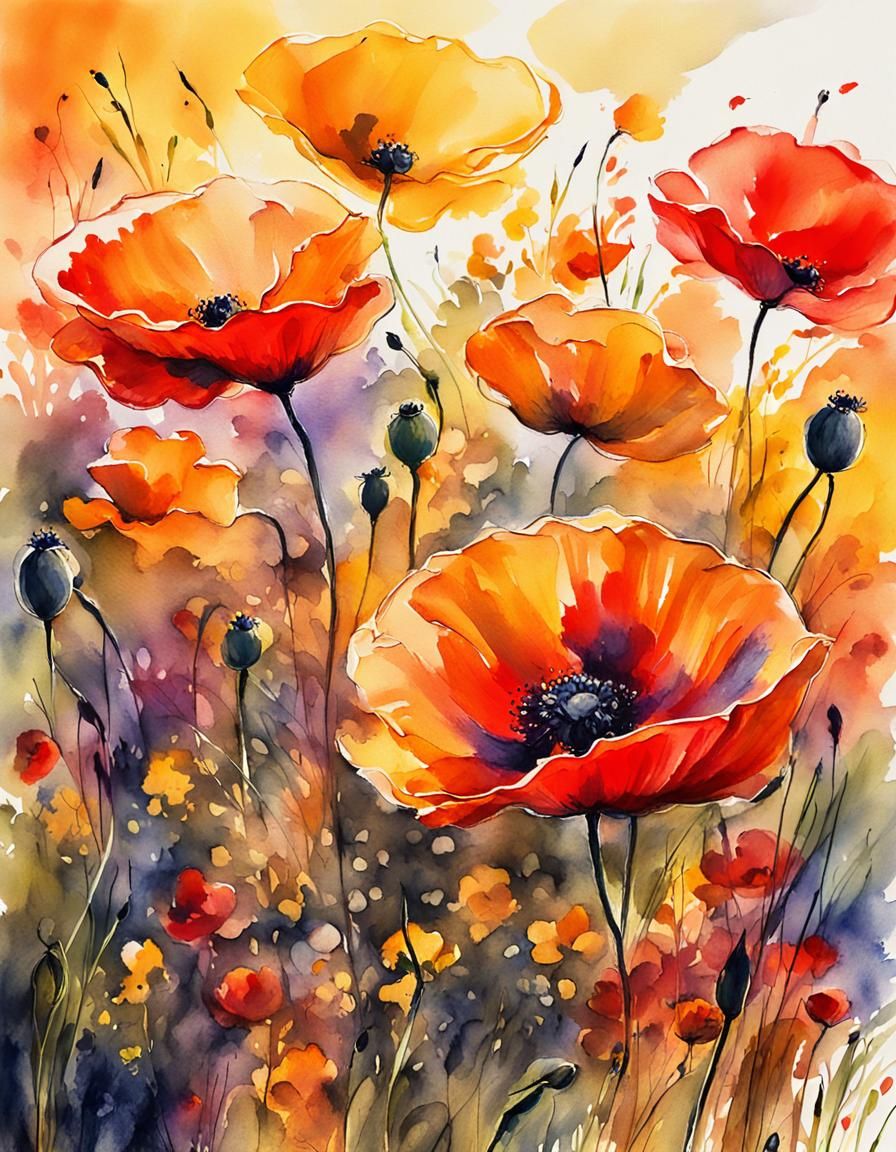 Poppies in Autumn Field: Impressionist Ink and Wash