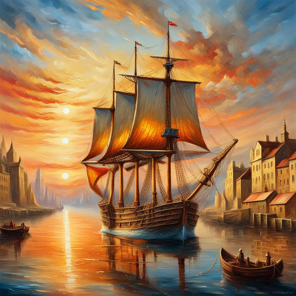 Schooner Sails into Medieval Port at Sunset