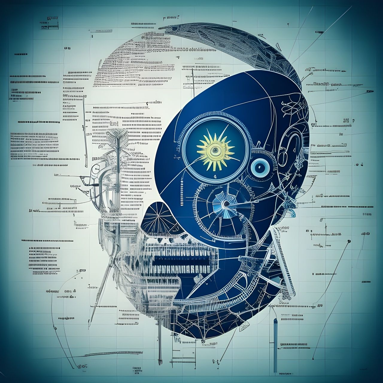 Alien Cyborg Anatomy in Blueprint Style