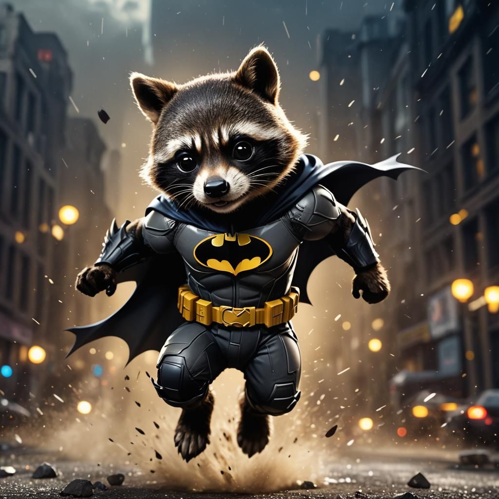 Raccoon as Batman Superhero in Motion