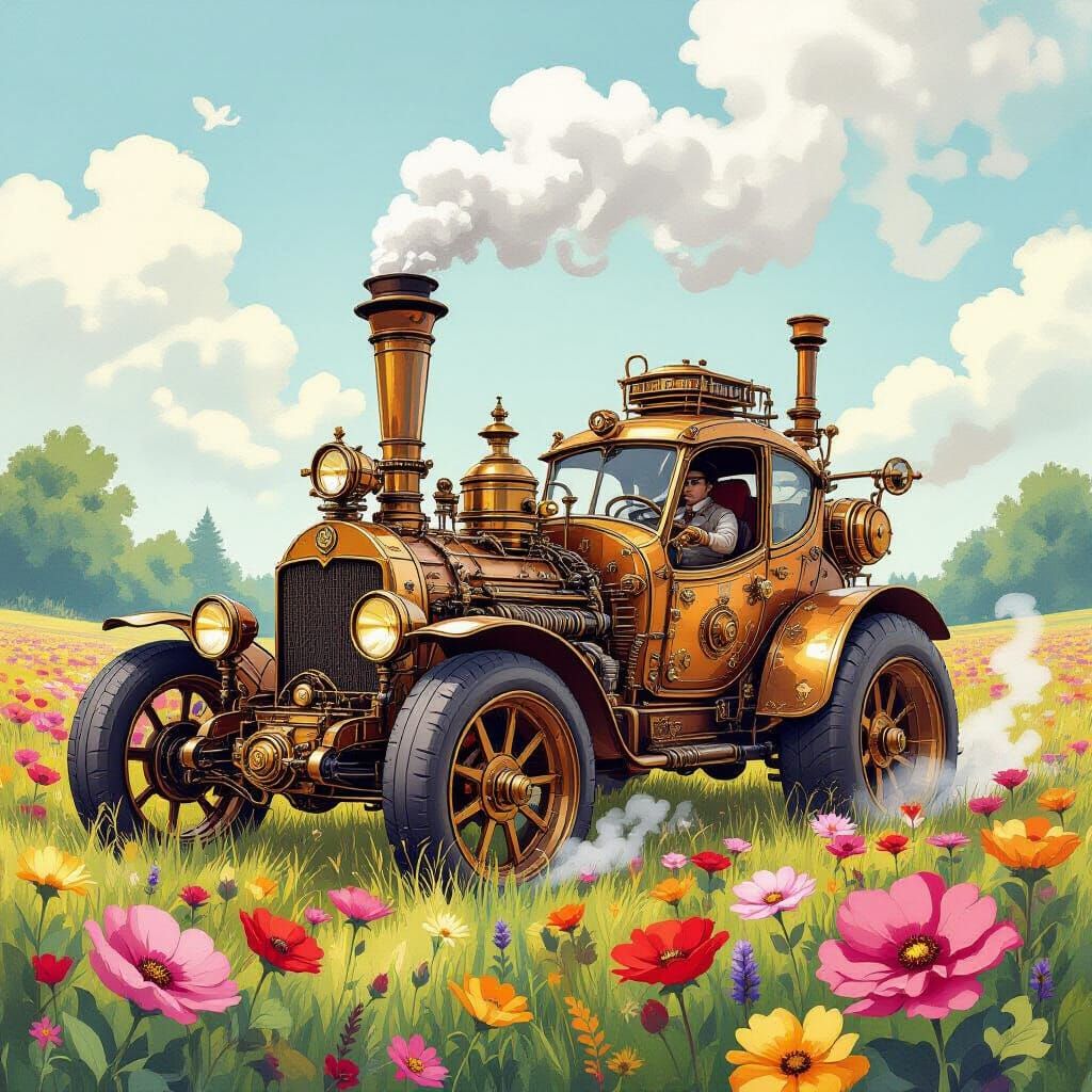 Concept art. A whimsical steampunk car made of gears and bra...