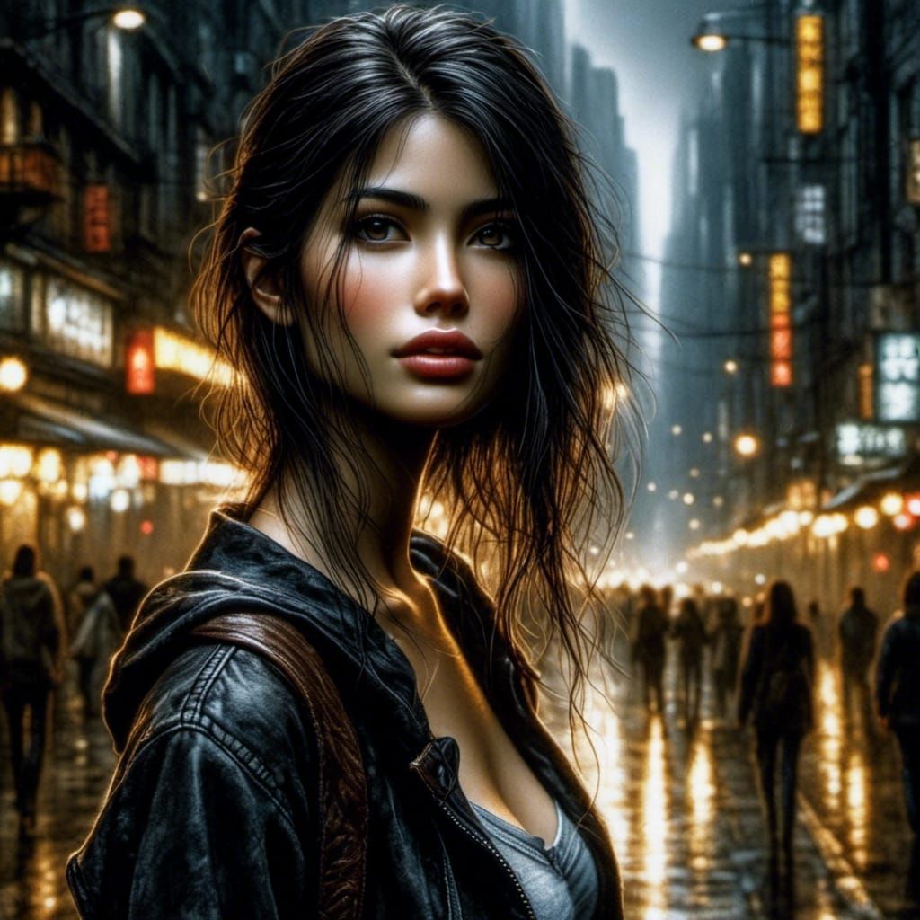 Brunette in City Street, Hyperrealistic Portrait