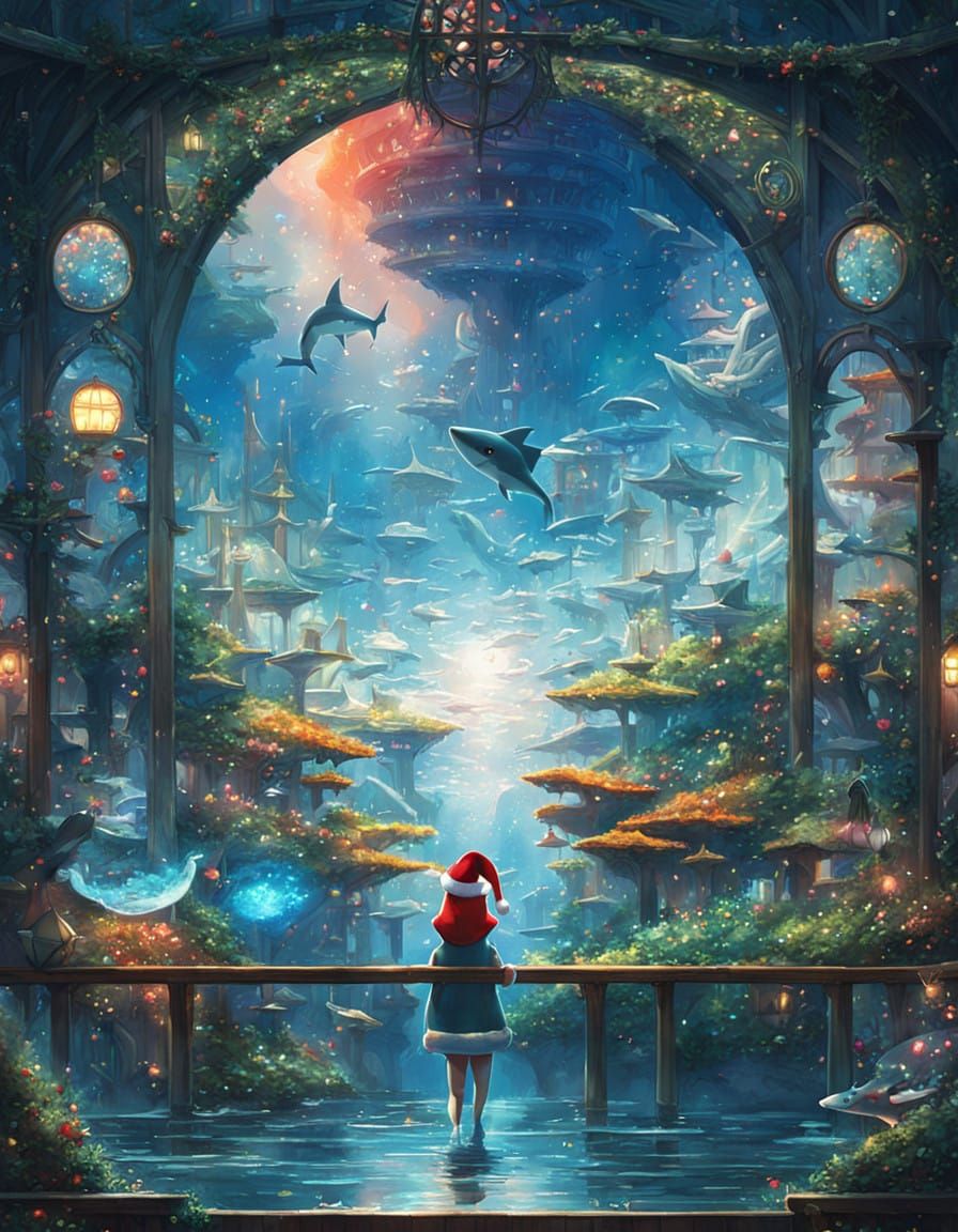Shark in Santa Hat, Whimsical Studio Ghibli Style