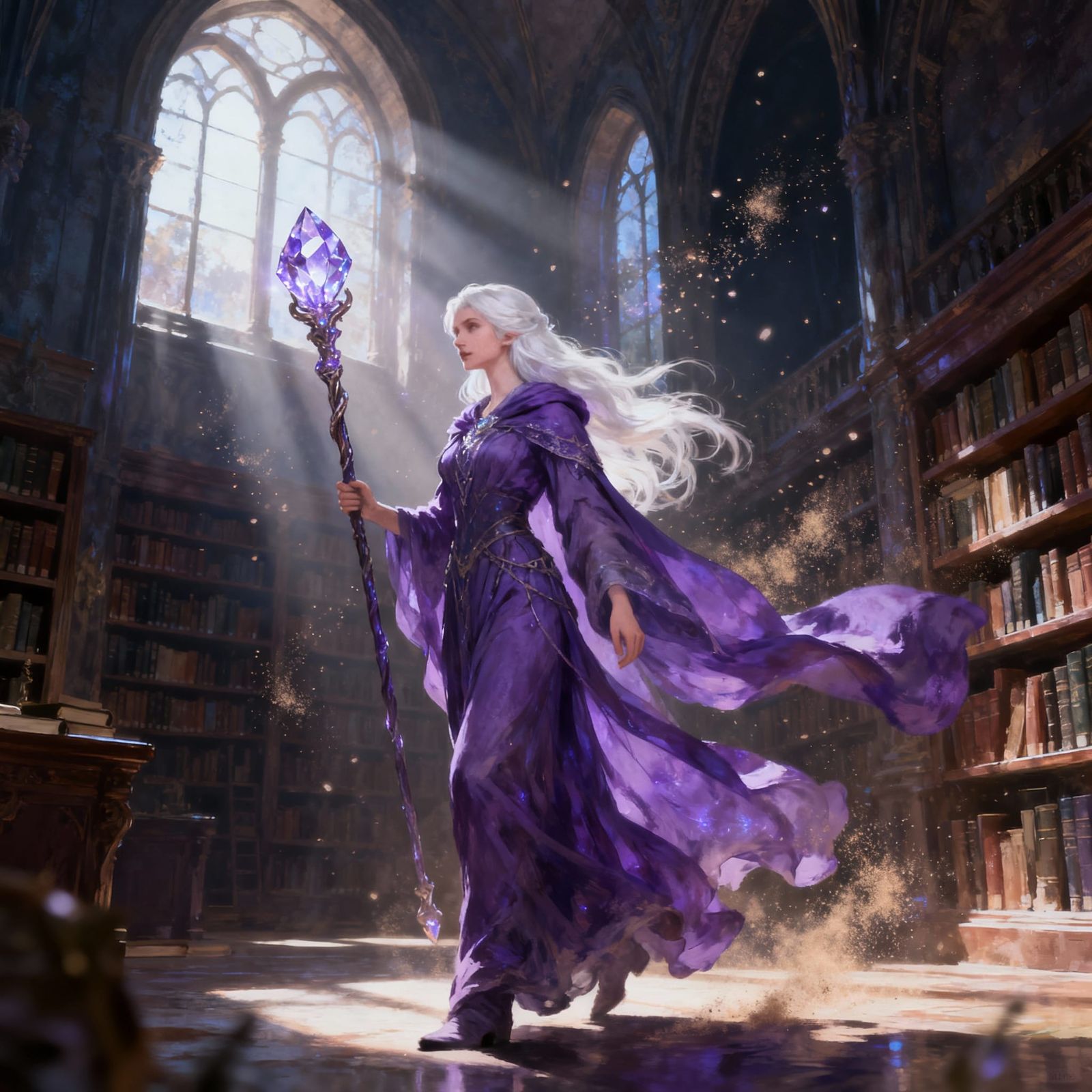 White-Haired Mage in Purple Robe Explores Mystical Library