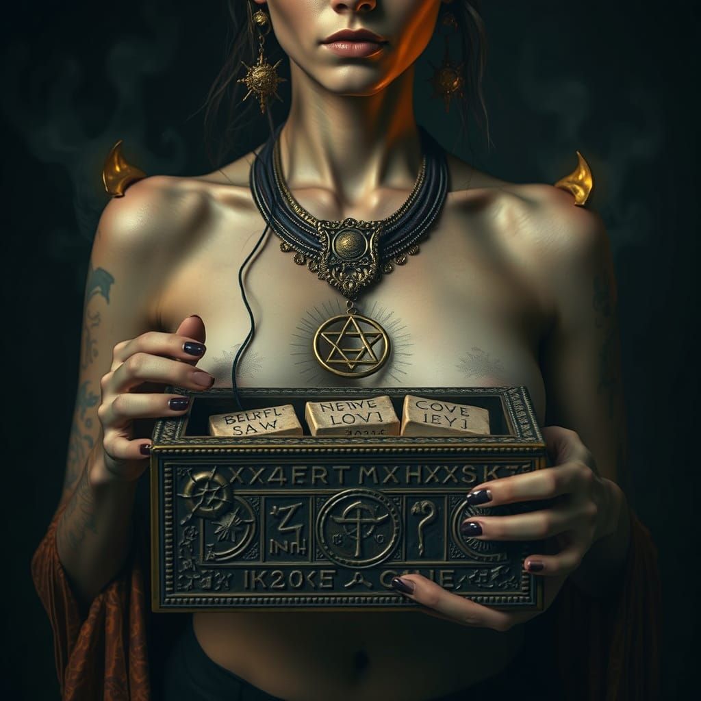 Mystical Woman with Engraved Coffer in Surreal Style