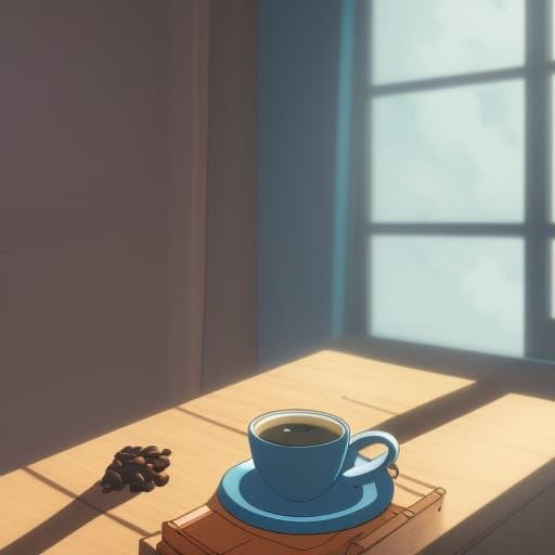 Coffee on Table in Studio Ghibli Anime Style