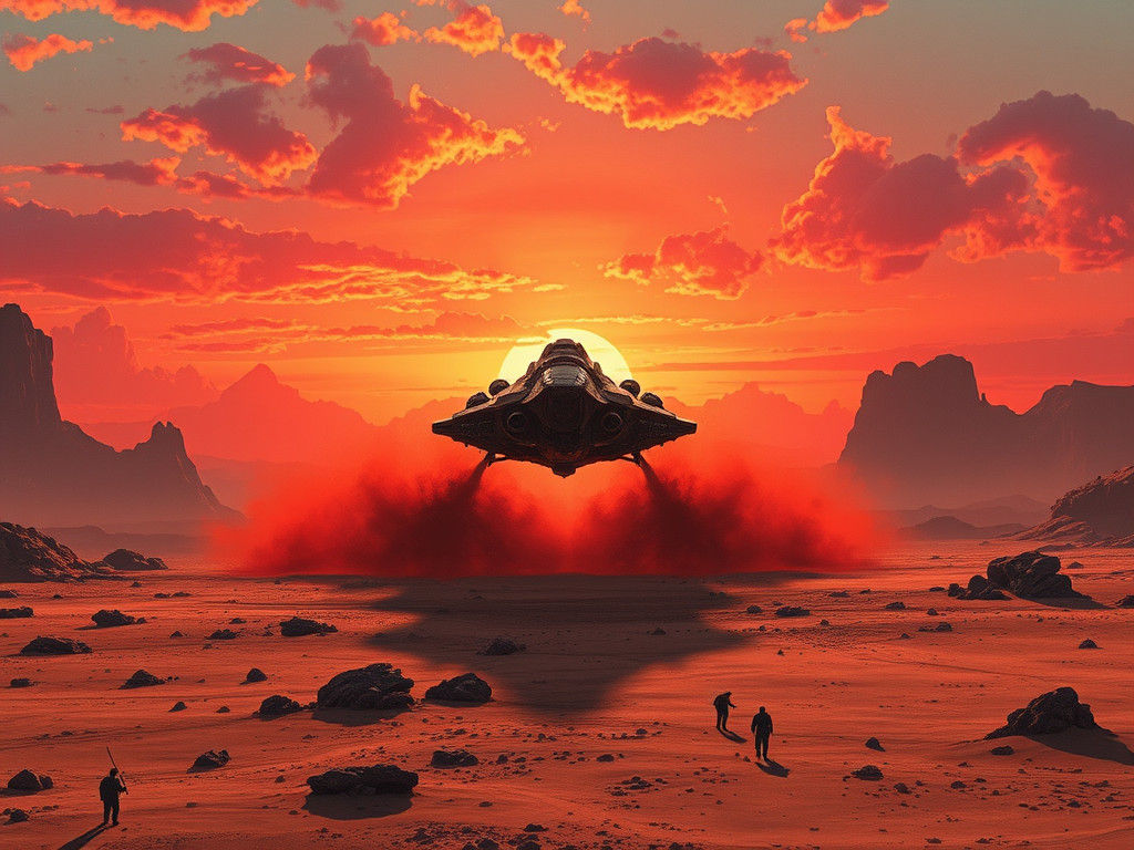 Futuristic Spaceship Lands on Crimson Alien Landscape