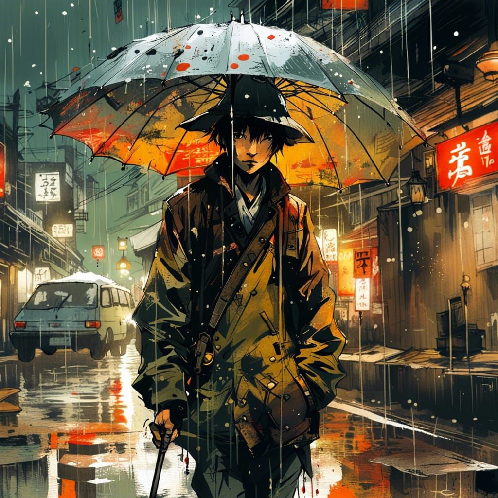 Rainy Day Japanese Woman: Detailed Fantasy Art