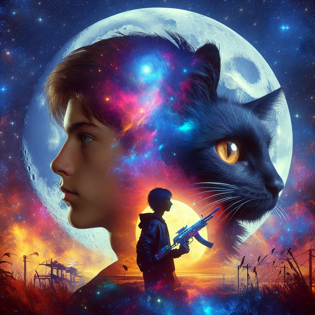 Teenage Boy and Cat in Space: Double Exposure Art