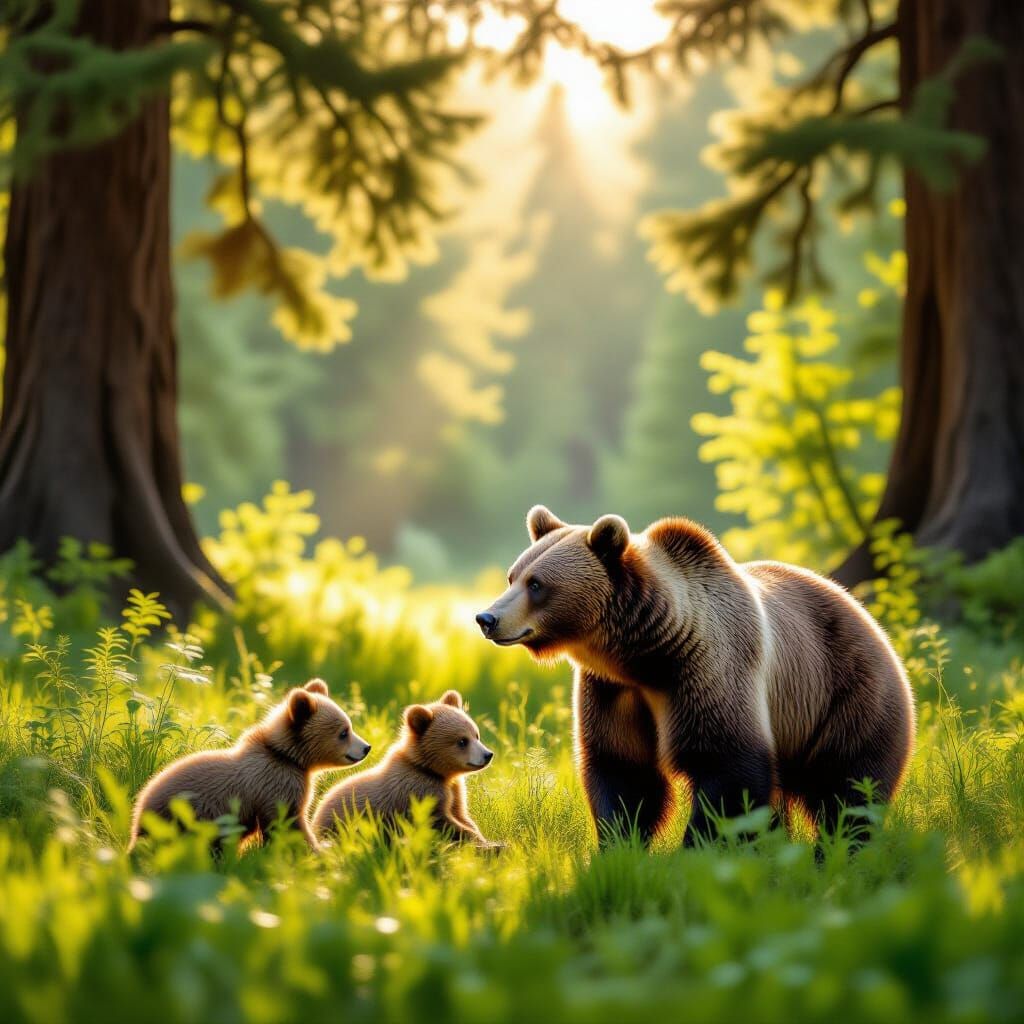 Mama Bear and Cubs in Sunlit Meadow