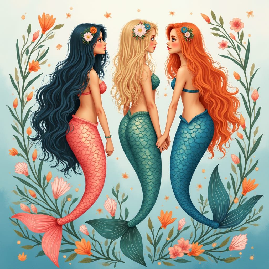 Whimsical Mermaids with Shimmering Scales and Flora