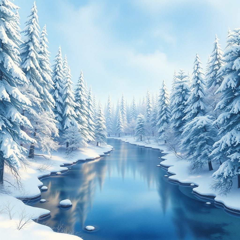 Ethereal Winter Forest in Watercolor Style