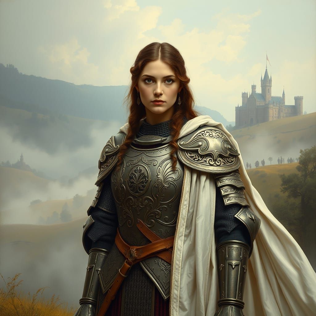 Heroic 15th-Century Woman in Ornate Armor, Standing in a Ser...