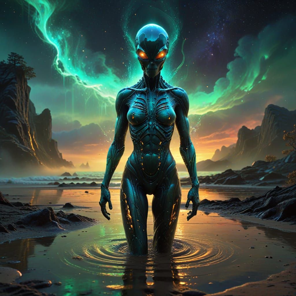 Ethereal Alien Encounter in Emerald Glow