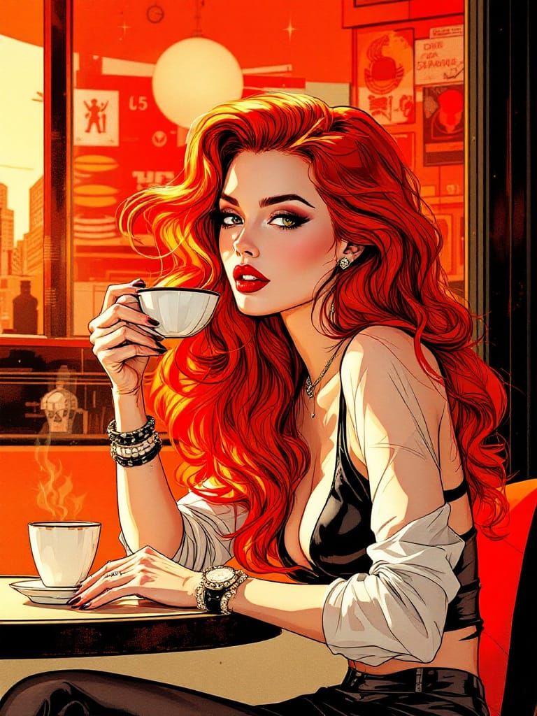 Fashionable Woman with Red Hair in Dramatic Comic Style