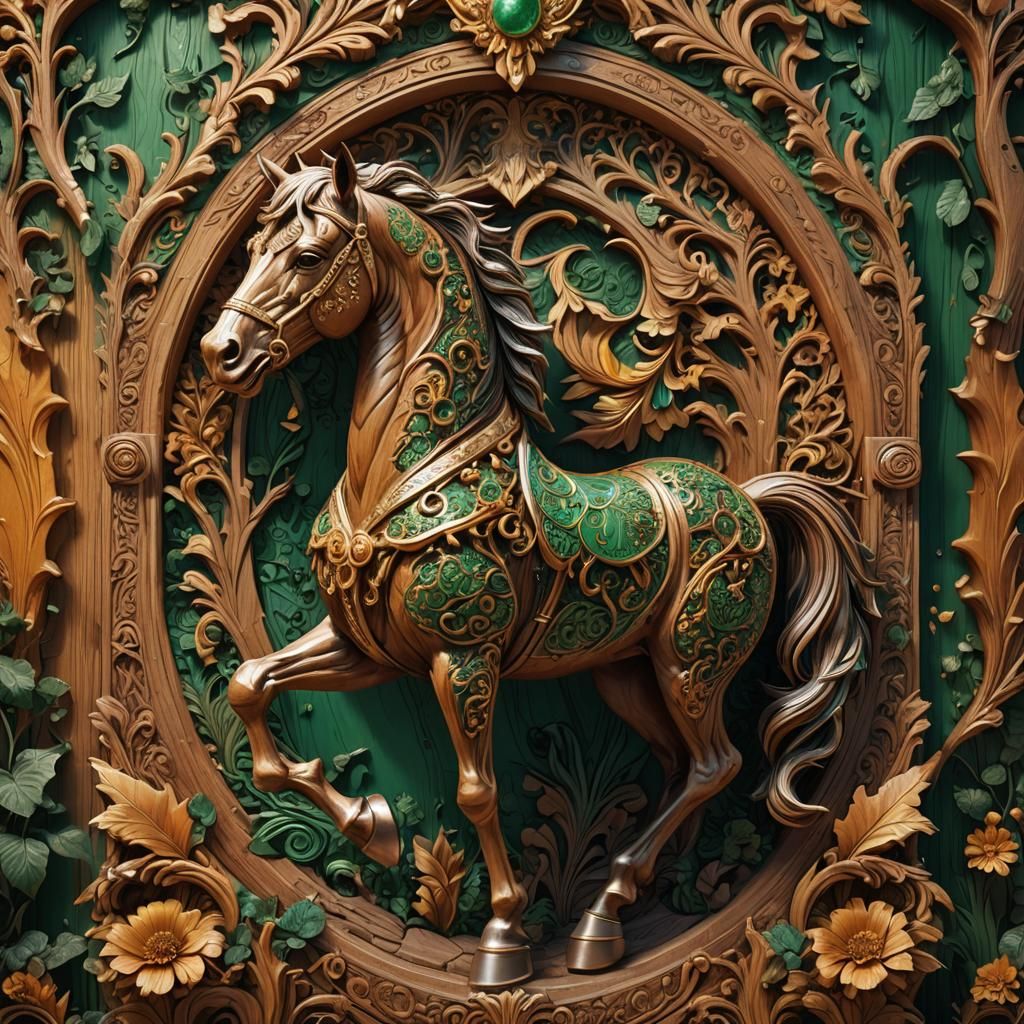 Ornate Wood Carving of Horse in Golden Light