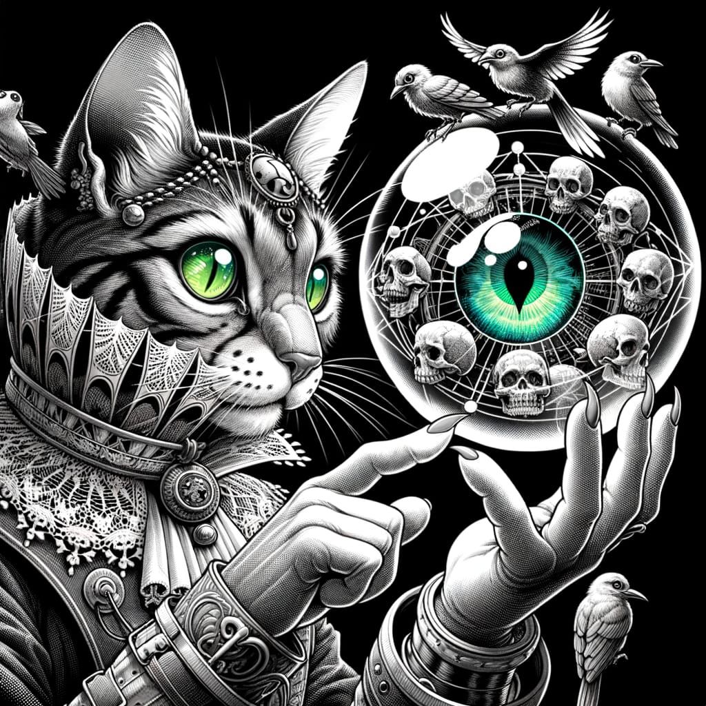 Mysterious Monochrome Cat with Bird Skulls and Crystal Ball