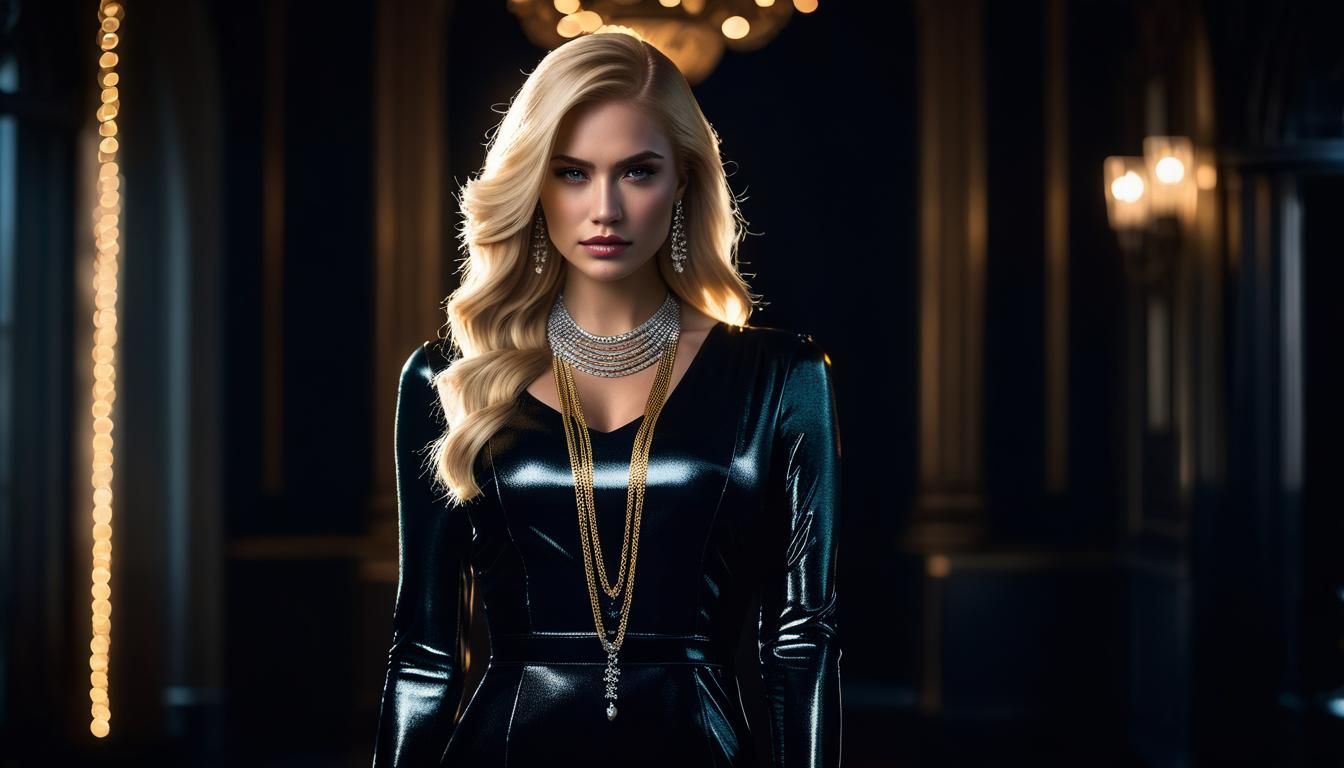 Blonde Woman in Glossy Dress, Dark Photography
