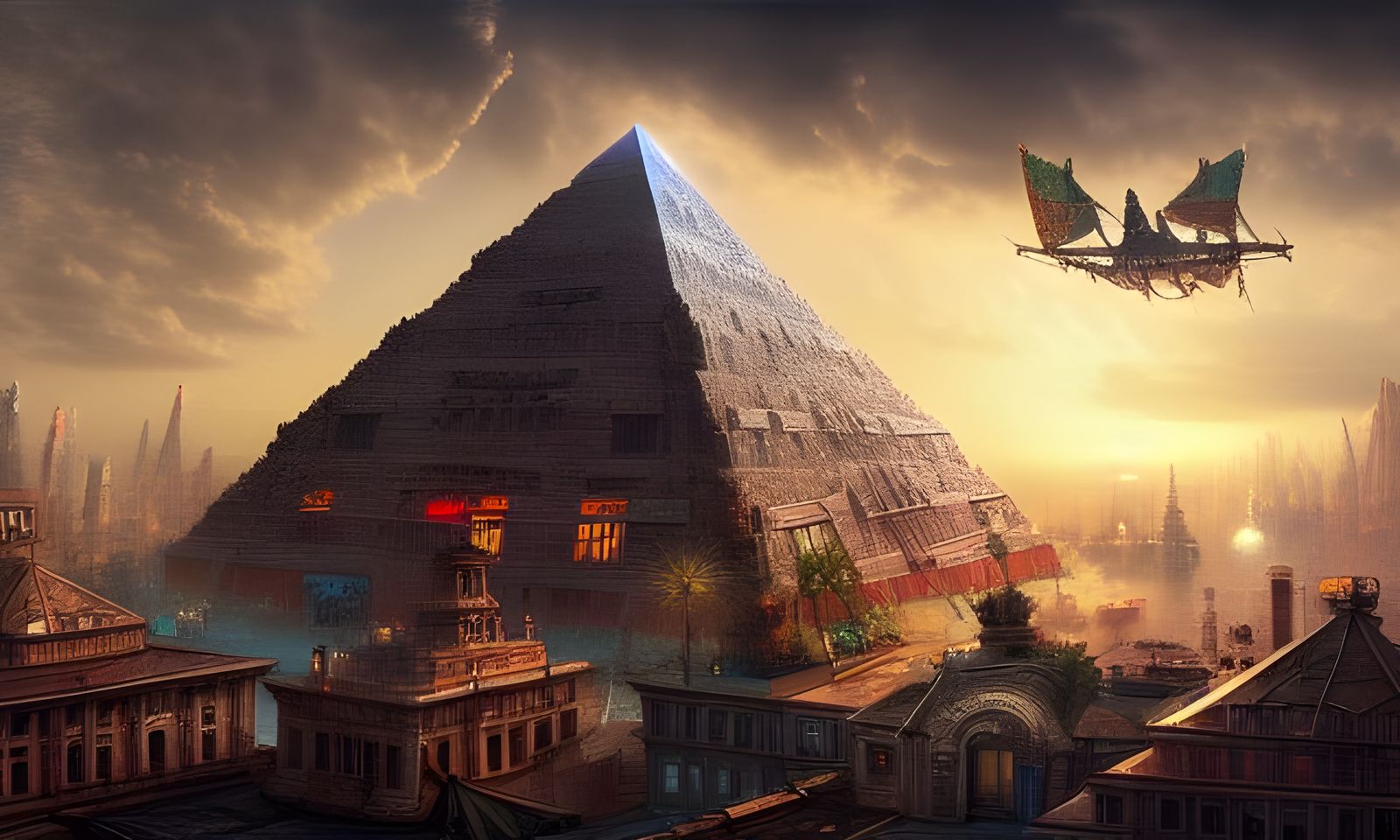 Steampunk Pyramid in Epic Digital Cityscape