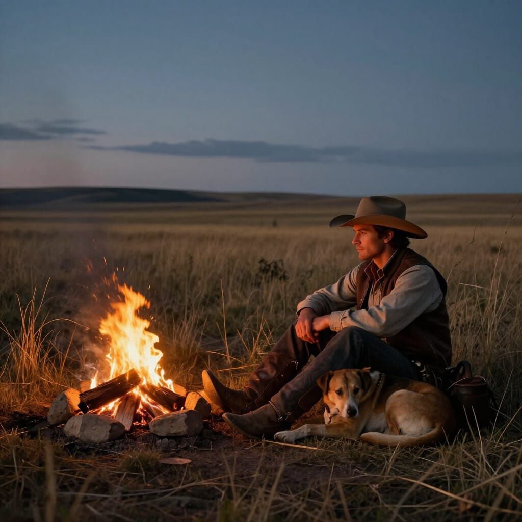 Cowboy and Dog Rest by Campfire at Dusk