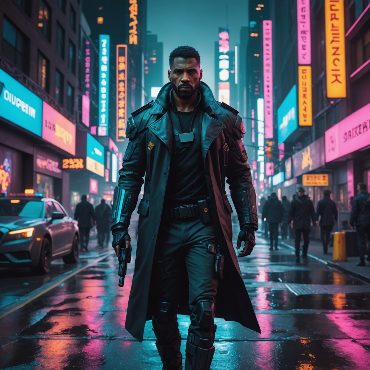 Cyborg Guard Patrolling Neon City Streets