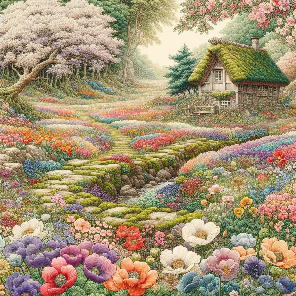 Vibrant Springtime Landscape with Blossoming Flowers and Qua...