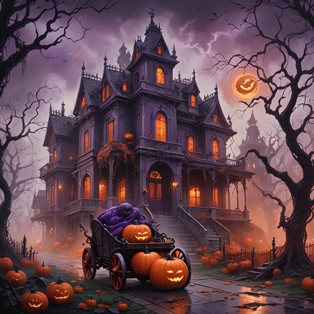 Pumpkin and Ghost in Dark Fantasy Scene