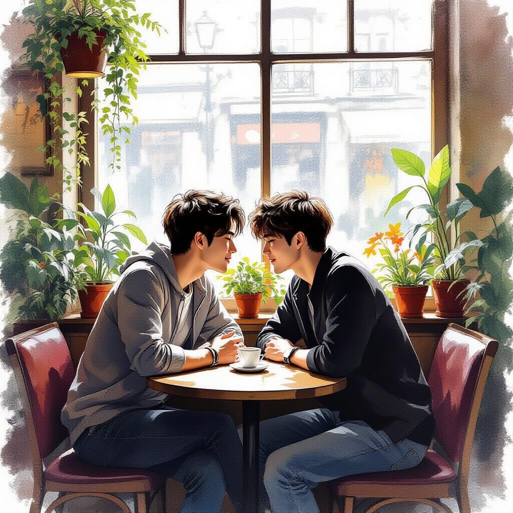 Intimate Cafe Kiss in Ink Wash Style