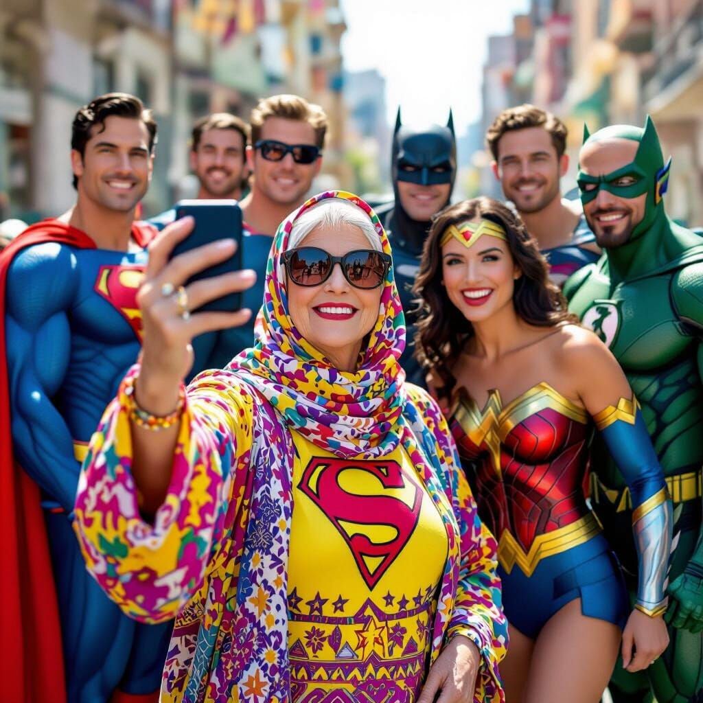 Justice League Group Selfie with Everyday Woman