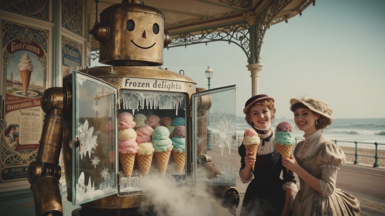 Victorian Women Buy Ice Cream From Art Nouveau Robot