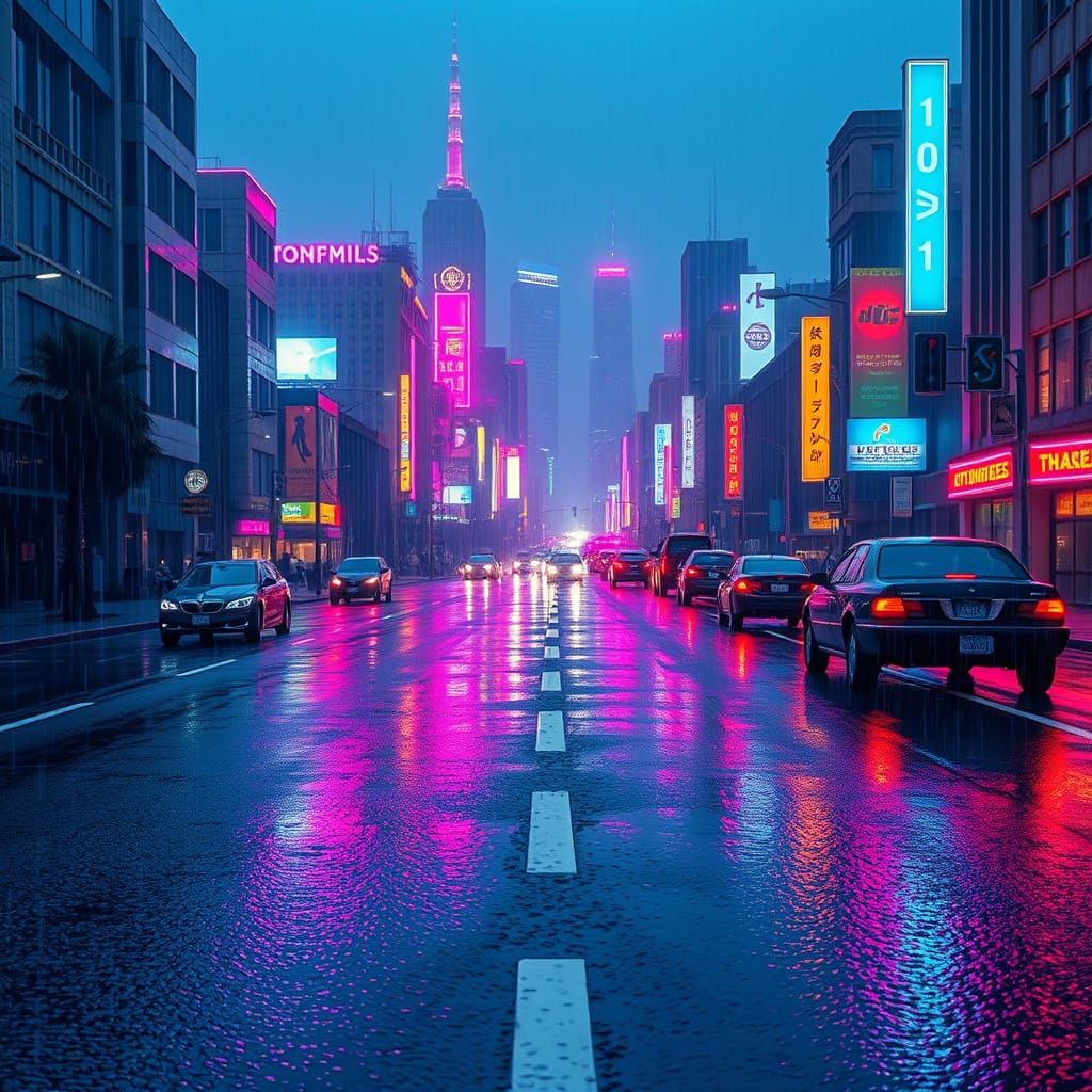 Synthwave Cityscape Reflecting Neon Lights