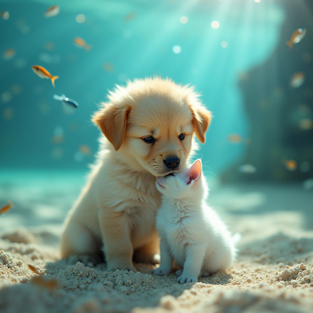 Fluffy Puppy and Snow-White Kitty Play Under Ocean Waves