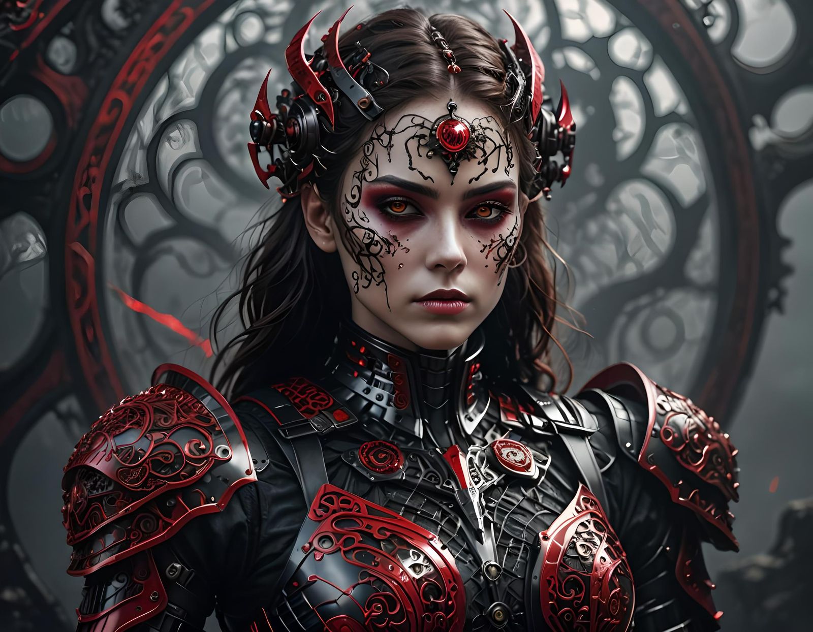 Gothic Cyborg Portrait with Black-Red Armor