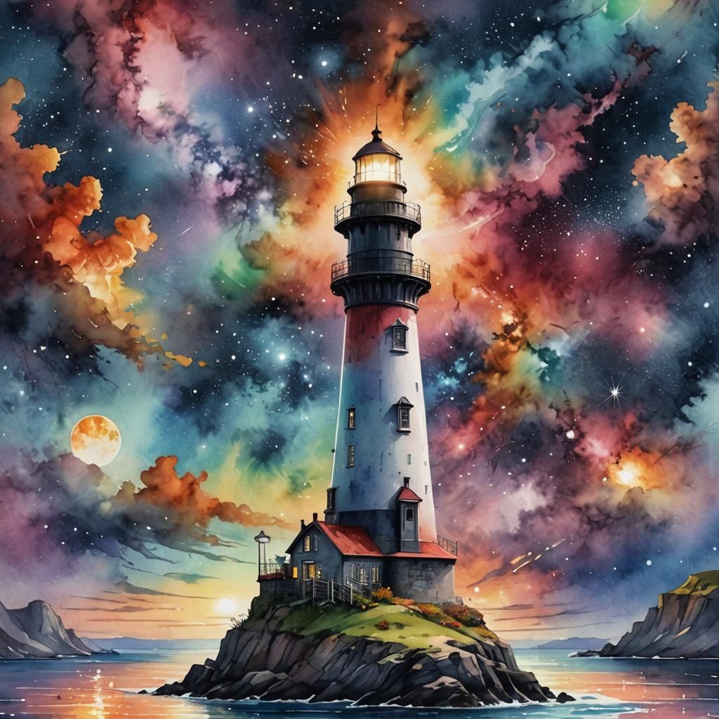 a watercolor painting of a lighthouse on the island, colorful sky, beautiful galaxies, nebulas, stars and planets in the...