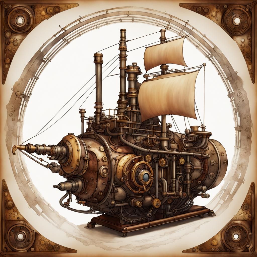 Steampunk Ship Surrounded by Flames