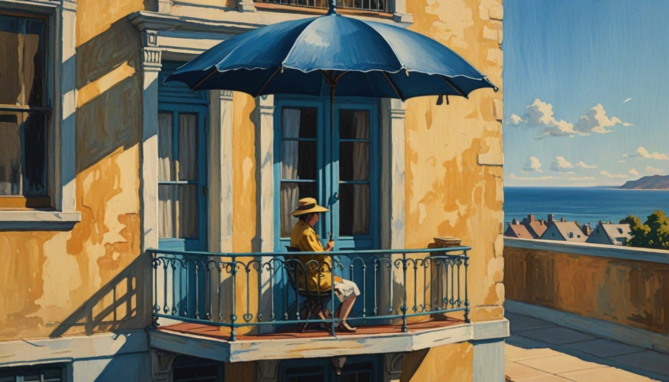Balcony with Umbrella in Edward Hopper Style