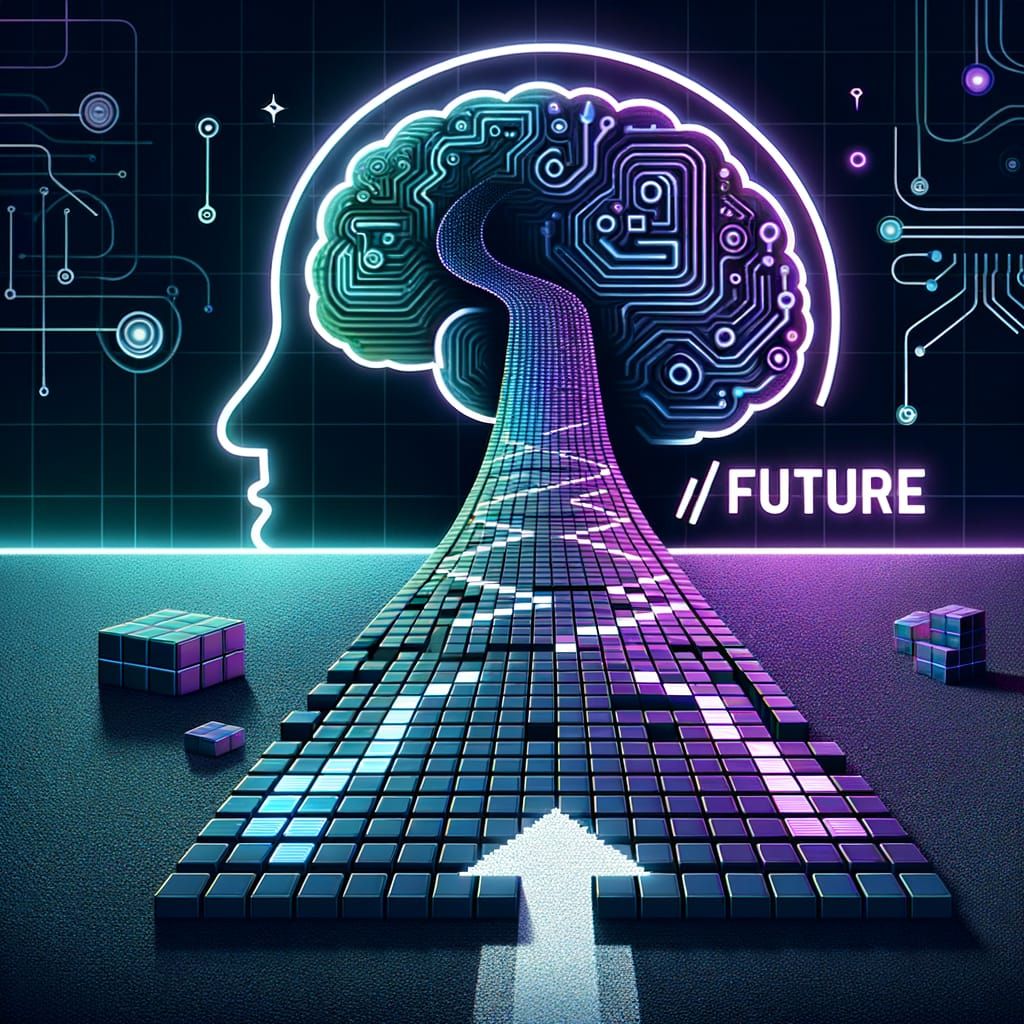 Pixelated Road to Neon Future with Brain Contour