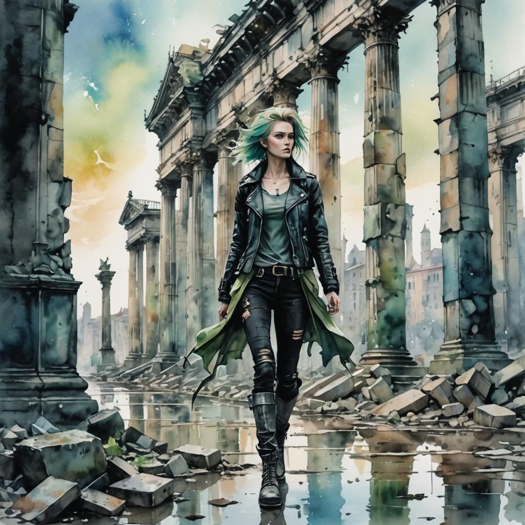 Gothic Punk Woman in Watercolor City Ruins